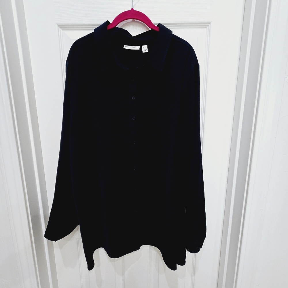 Susan Graver Navy Blue Button Up Shirt Women's Size XL Collared Long Sleeve